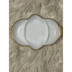 Vtg Anchor Hocking Fire King Milk Glass Divided‎ Relish Tray Gold Trim Oven Ware
